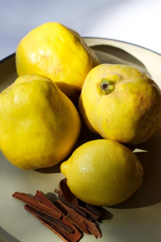 Fresh whole quince with cinnamon sticks on a plate