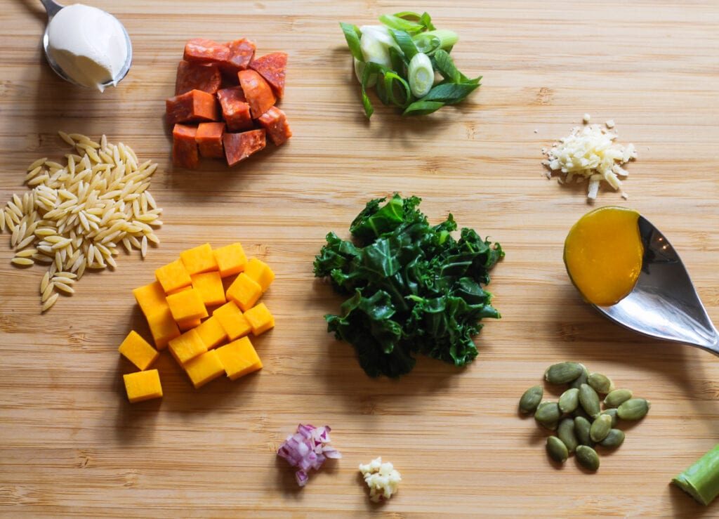 Ingredients for butternut squash, kale and chorizo risetti