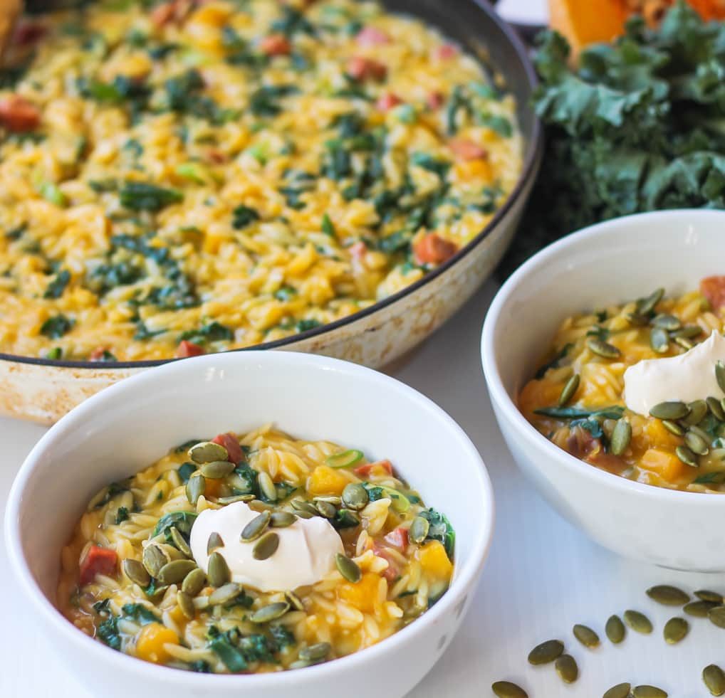 bowl with butternut squash, kale and chorizo risetti