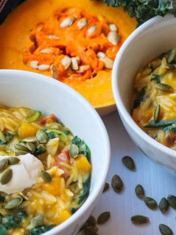 butternut squash, kale and chorizo risetti in two bowls