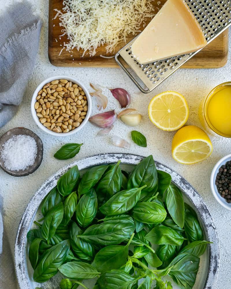 Basil, lemon, parmesan, pine seeds, garlic and olive oil