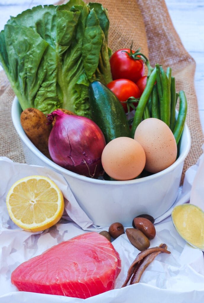 fresh ingredients for making tuna nicoise salad