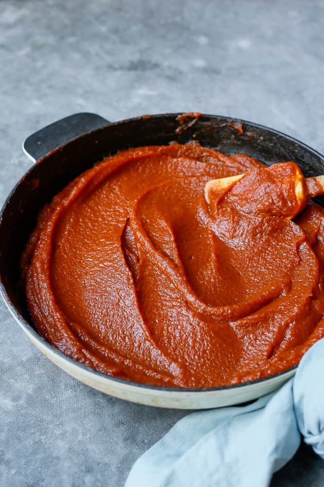 reduced tomato sauce in a pan