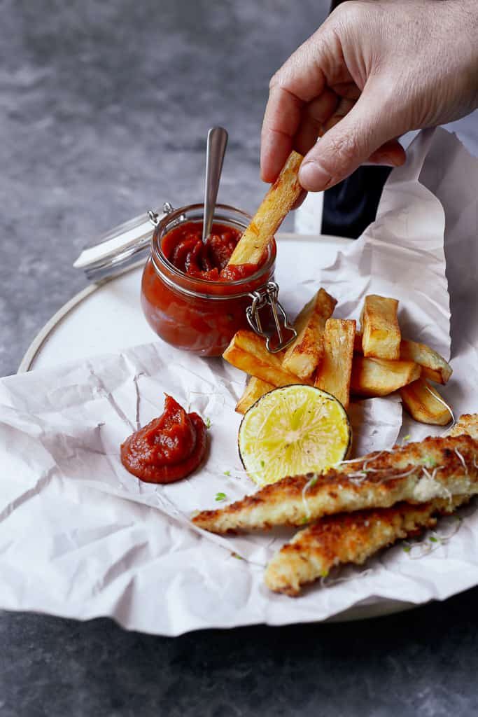 Fish and chips with tomato ketchup