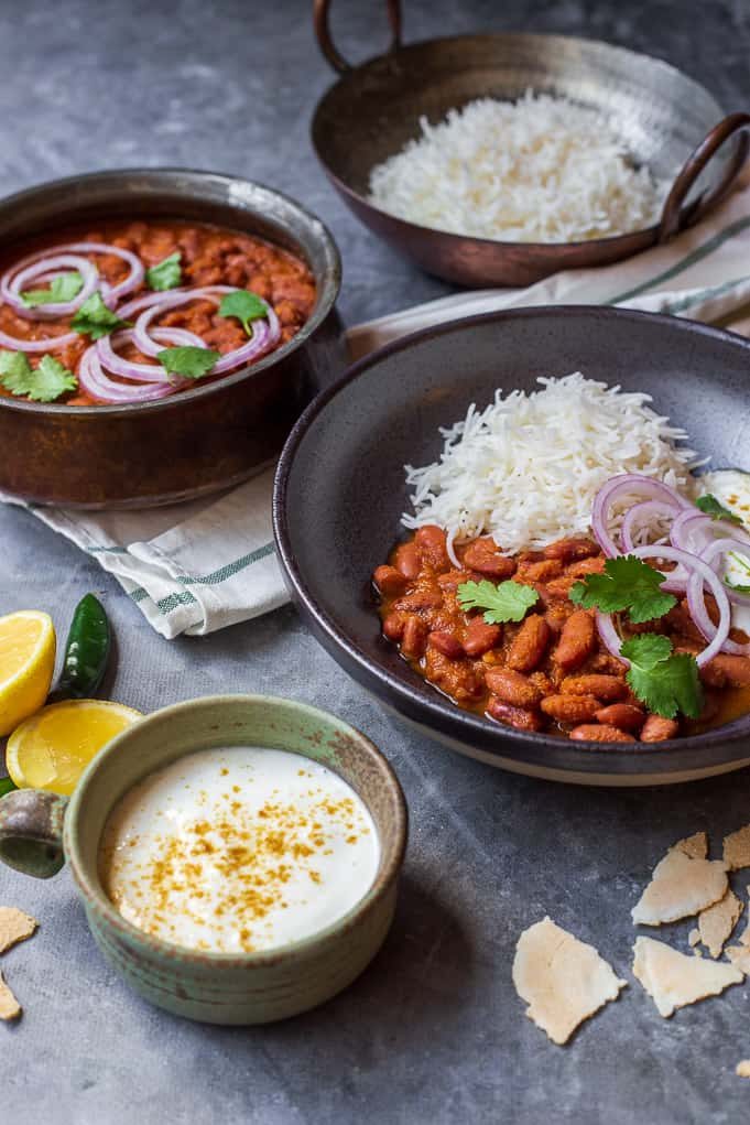 cooked red kidney bean curry  (rajma) with rice and yoghurt
