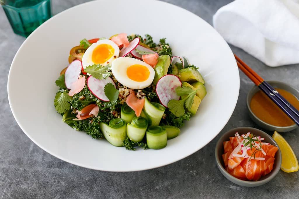 Kale Quinoa Salad with Salmon and Miso Dressing