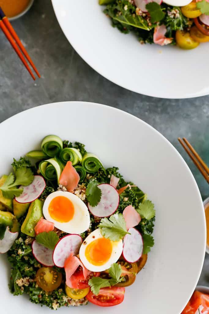 Kale Quinoa Salad with Salmon and Miso Dressing