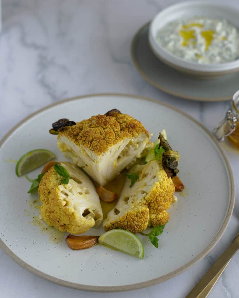 whole roasted cauliflower with herbed yoghurt