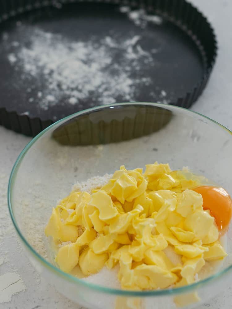 Ingredients in a bowl for a shortcrust dough