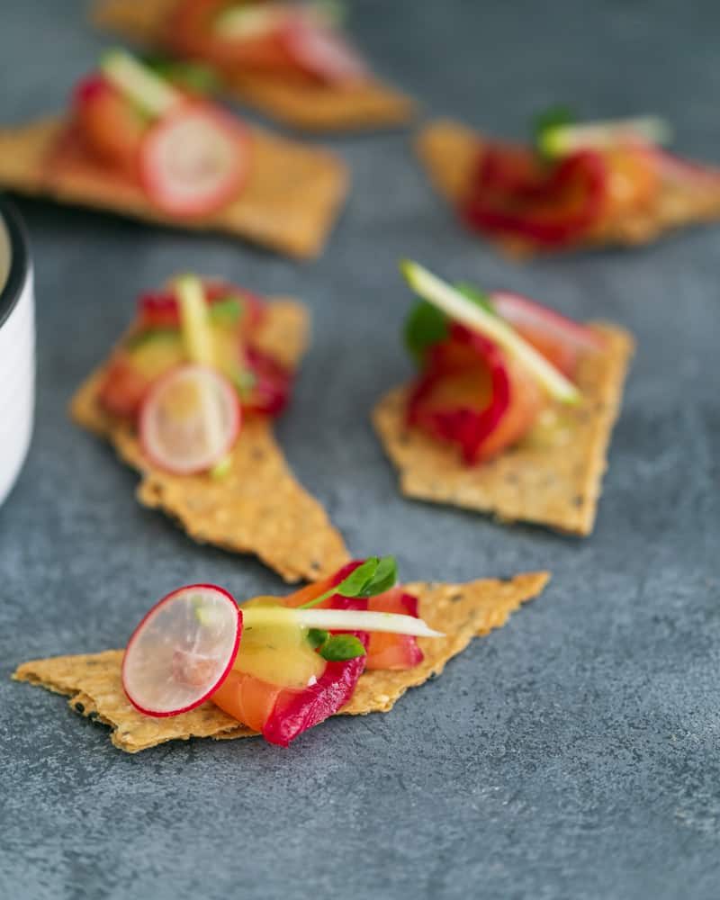 Beetroot Gravelax on lavash cracker with mustard and dill sauce