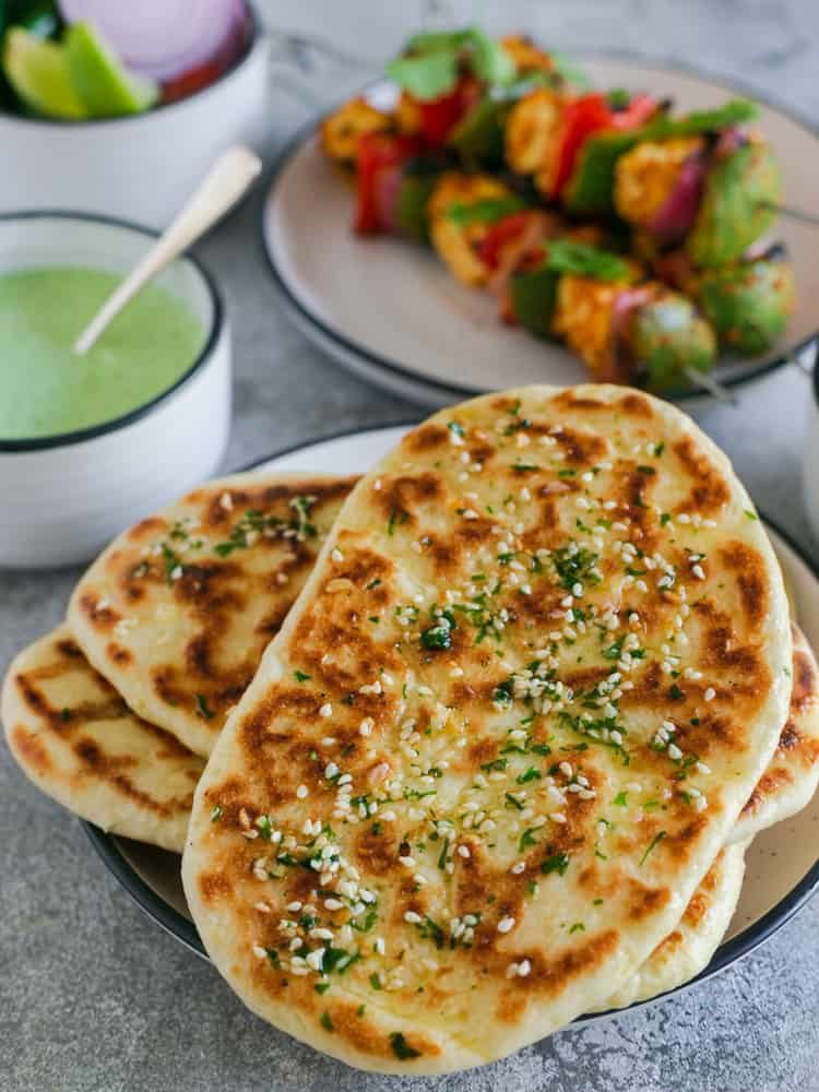 yoghurt Naan with paneer skewers and mint chutney