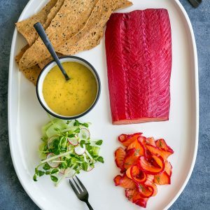 Beet Cured Salmon Gravlax with Mustard Dill Sauce