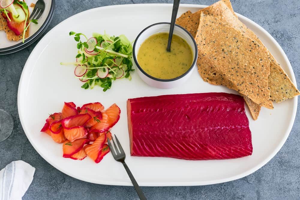 Beet Cured Salmon Gravlax with Mustard Dill Sauce between2kitchens