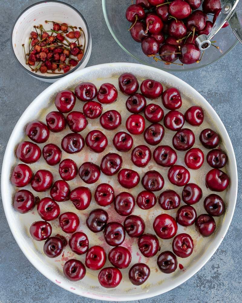 Cherries arranged in the baking dish