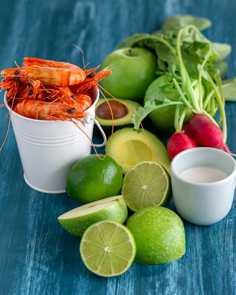 Ingredient shot - Green apples, avocado, tiger prawns, radish, coconut cream