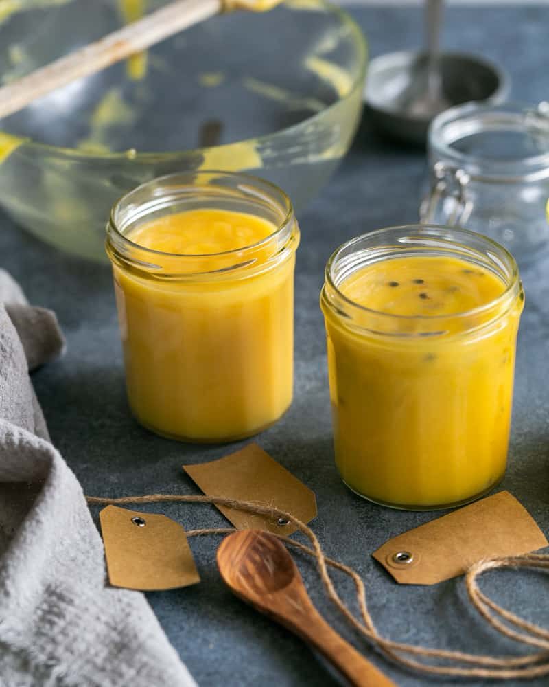 Passion fruit and Lemon Curd in glass Jars