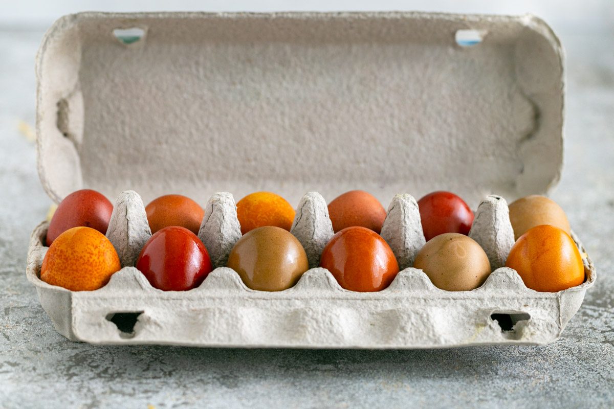 Colored eggs in a carton
