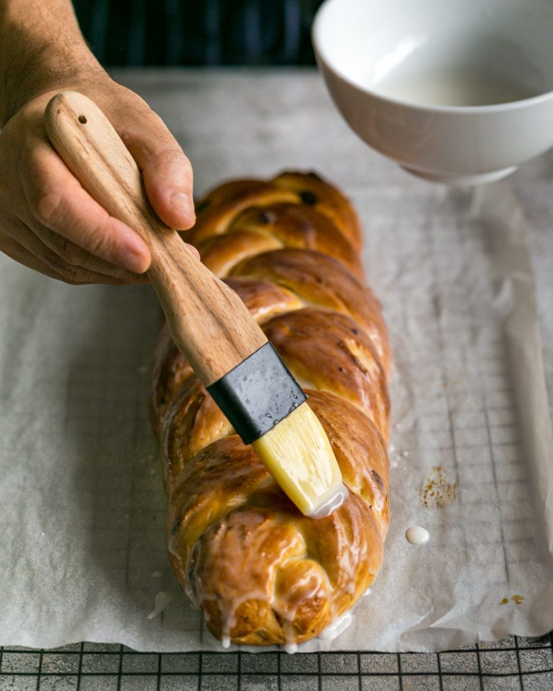 Lemon glaze on baked zopf