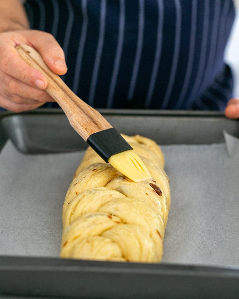 Egg wash on zopf dough before baking