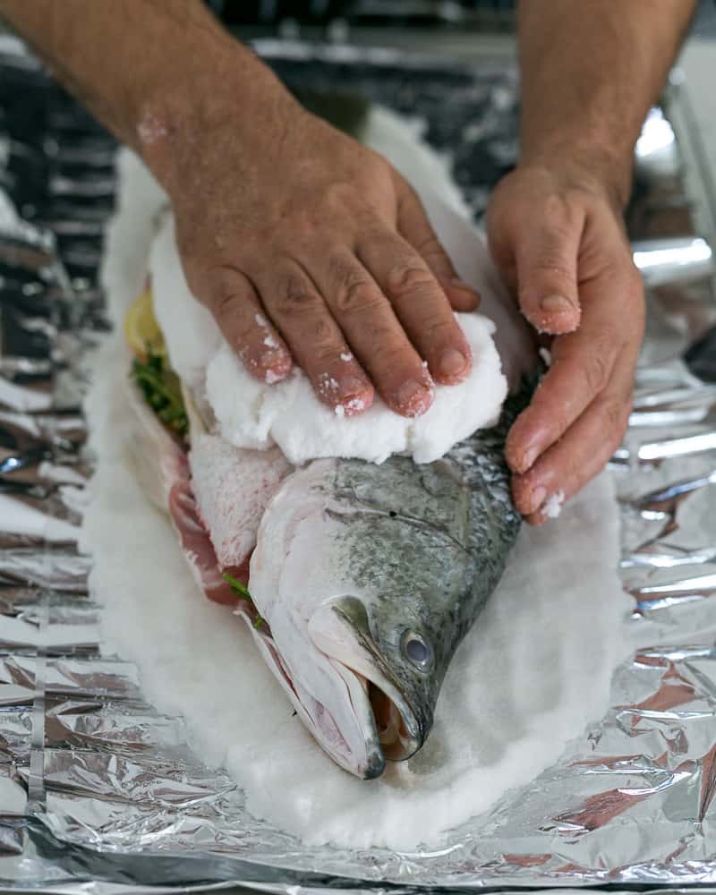 Stuffed Whole Barramundi covered in Salt Egg mix served with salsa verde