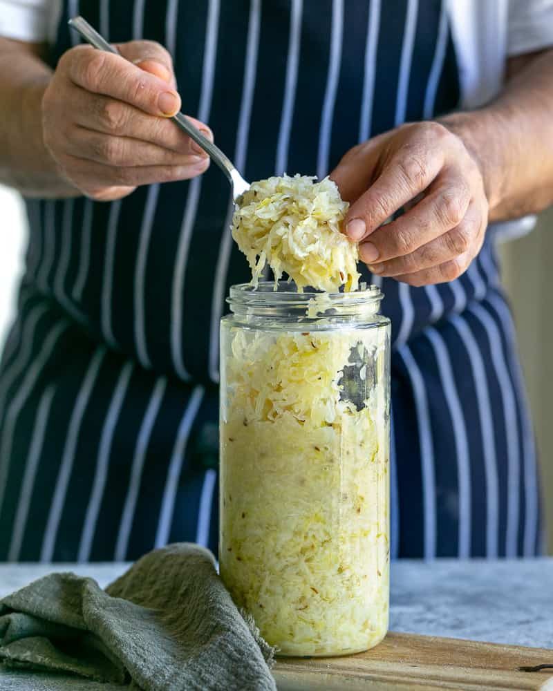 Fermented Sauerkraut after 2 weeks taken out from jar with a fork