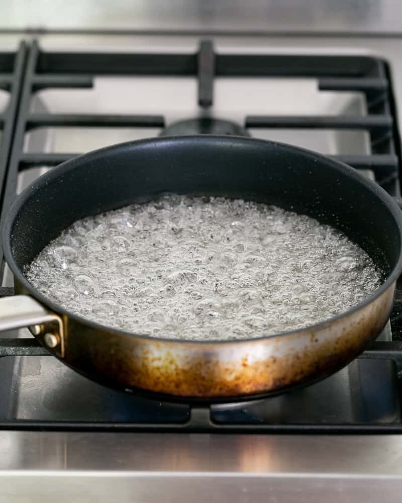 Sugar dissolving in the pan for caramel