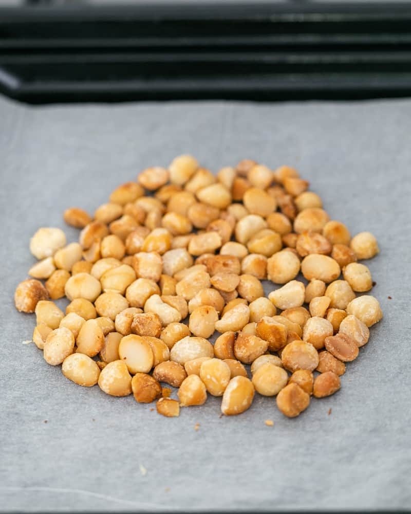 Oven roasted Macadamia Nuts in a baking tray