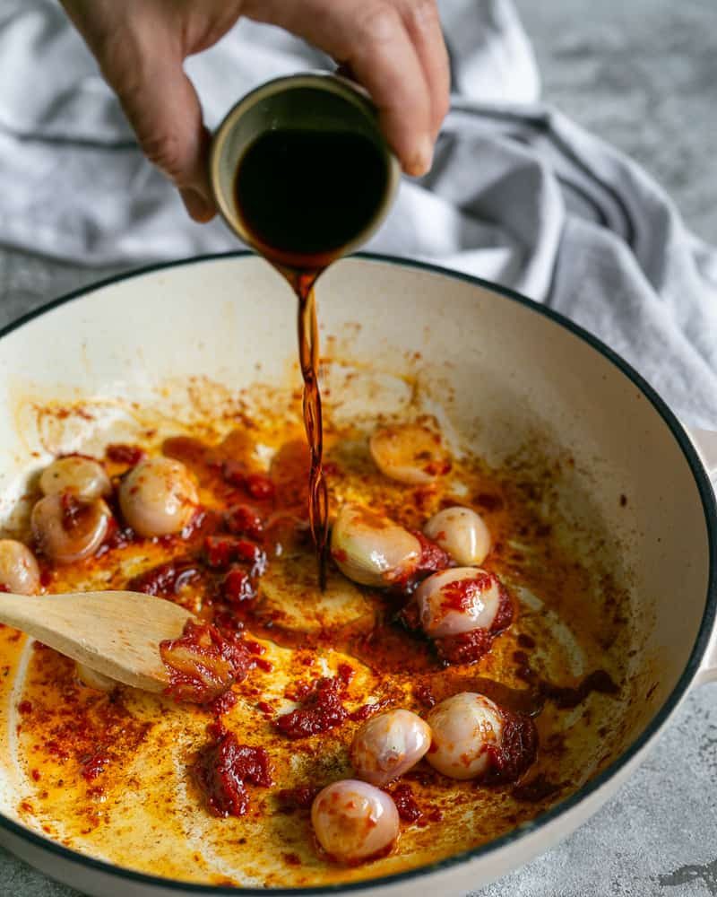 Deglazing the pan with dry sherry 