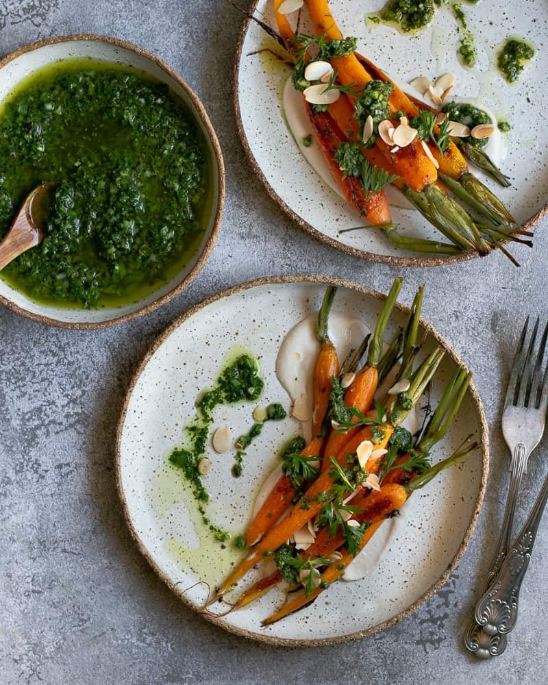 How to plate oven roasted baby carrots with chimichurri restaurant style