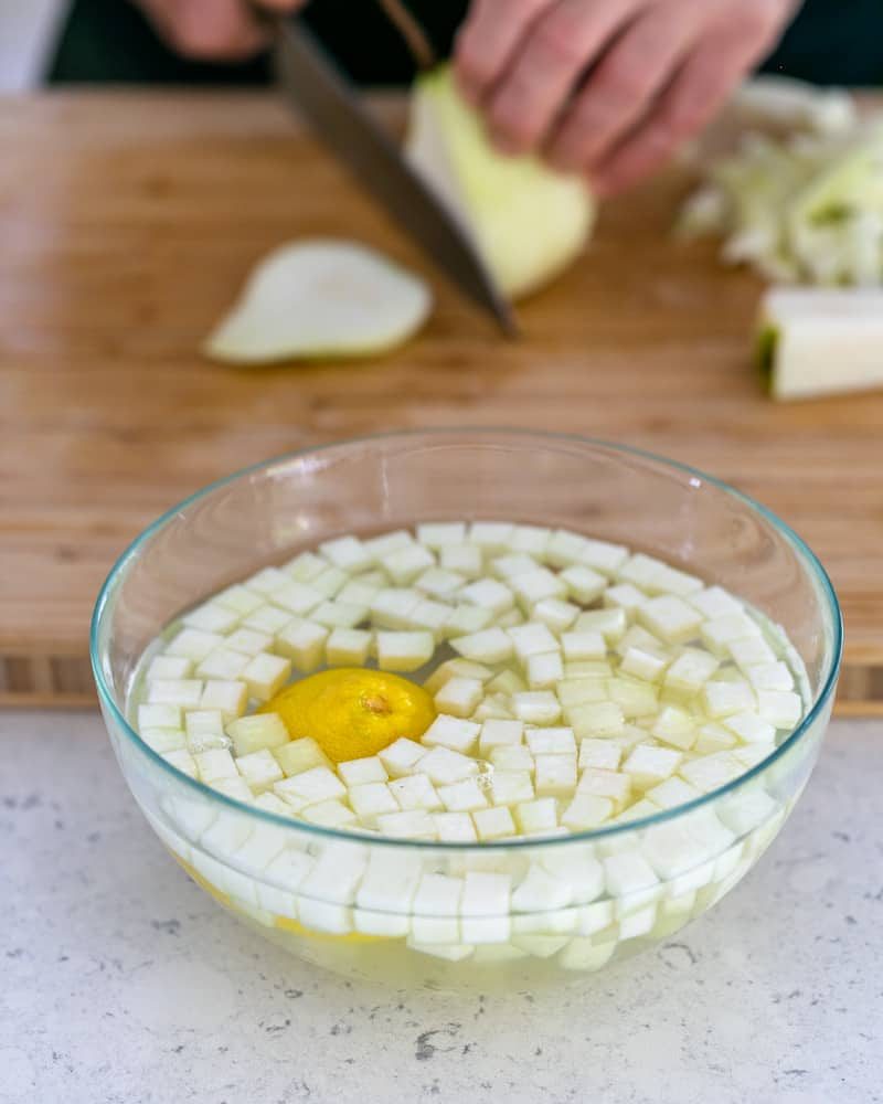 Diced pears in lemon water to avoid browning