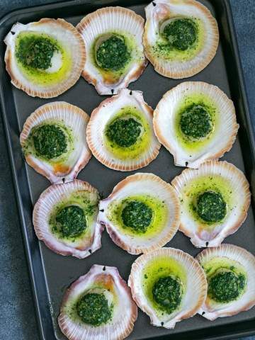 Scallops baked in the shell with Garlic Butter in a baking tray