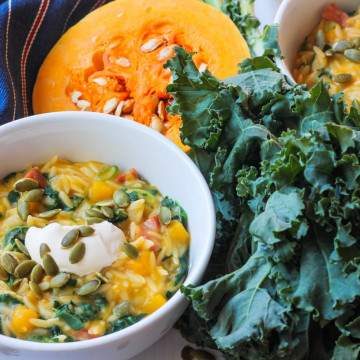 butternut squash, kale and chorizo risetti in a bowl