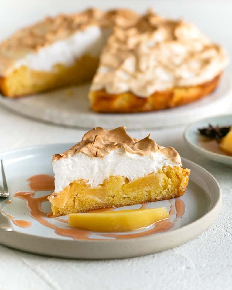 Slice of Quince Tart with Meringue on a plate