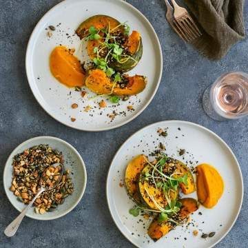 Roasted Pumpkin with Miso and Nori Nut Dukkah overhead picture