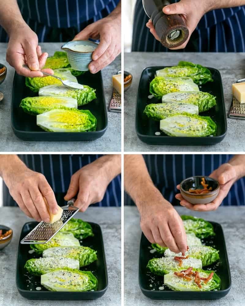 Assembling Cos heart salad with Buttermilk Dressing and lardons