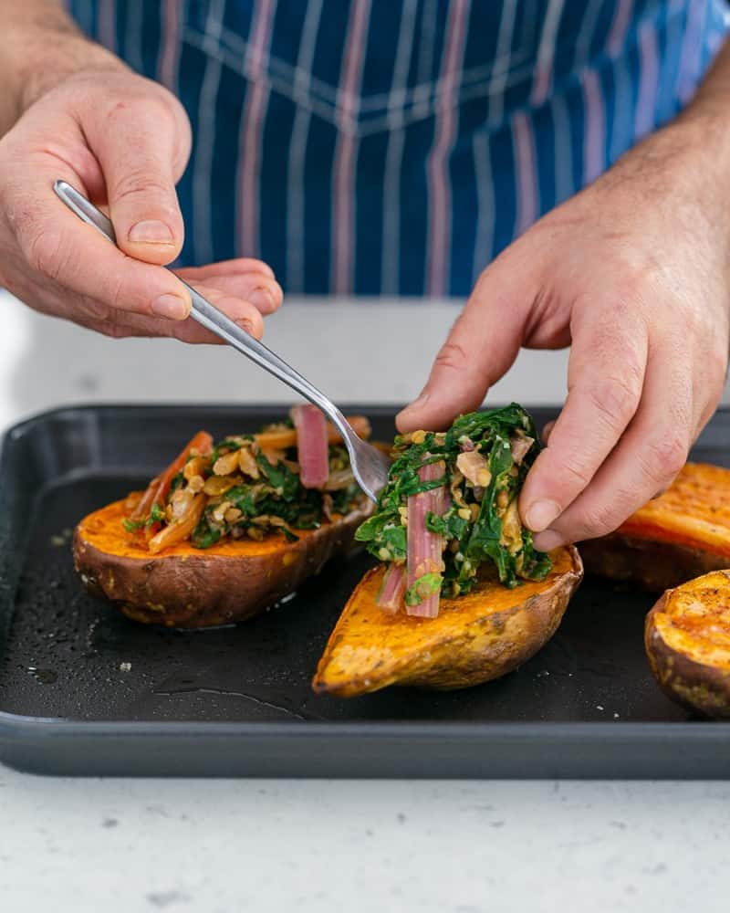 Assembling on a baked sweet potat