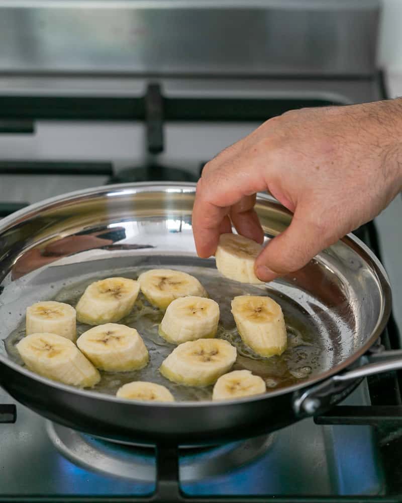 Caramelizing banana slices in butter for Dulce de Leche Verrine with Banana and whipped Cream