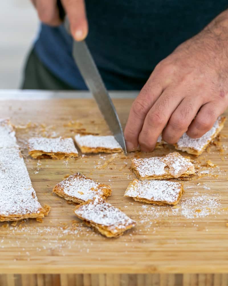 Cutting puff pastry shards in rectangles for Dulce de Leche Verrine with Banana and whipped Cream