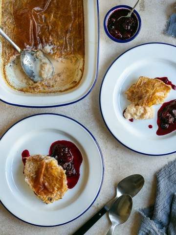 French Baked Rice Pudding served in plates with berry compote