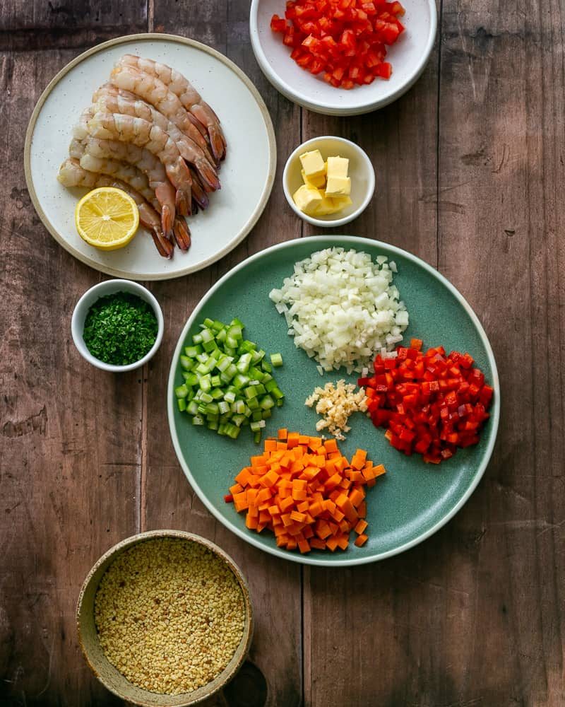 Ingredients laid out to make Fregola Sarda with prawns