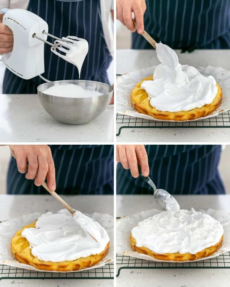 putting whipped meringue on a cake