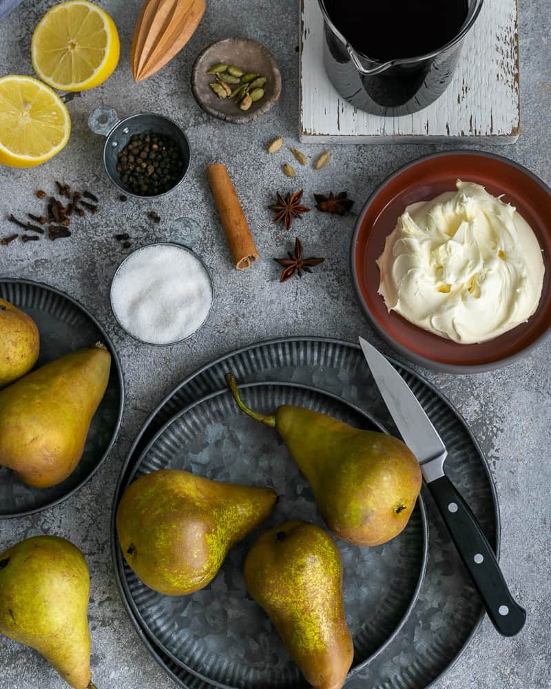 Ingredients to make Spice Poached Pears with Mascarpone