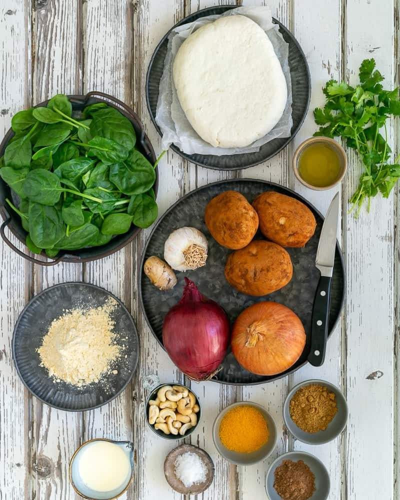 Ingredients for making Paneer and Potato Dumplings with Spinach Sauce