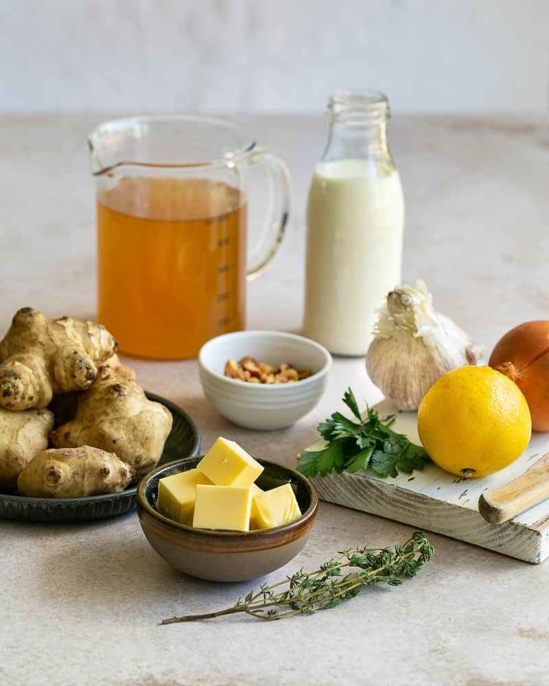 Ingredients for making Jerusalem Artichoke Soup with Hazelnut Butter