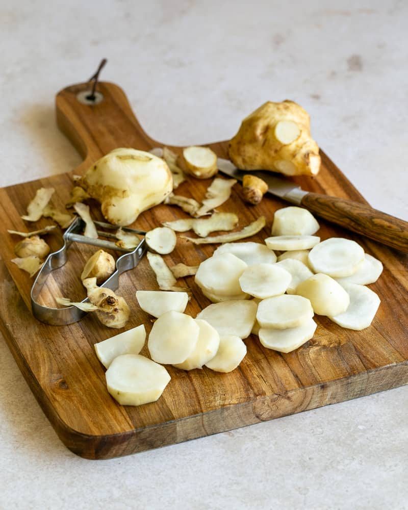 Peeled and sliced Jerusalem Artichokes for making Soup