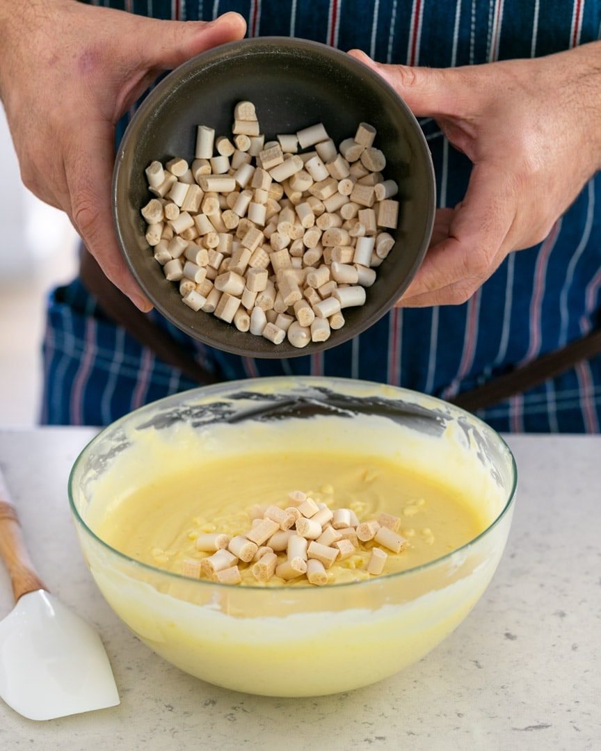 Chopped meringue sticks added to the semifreddo mix