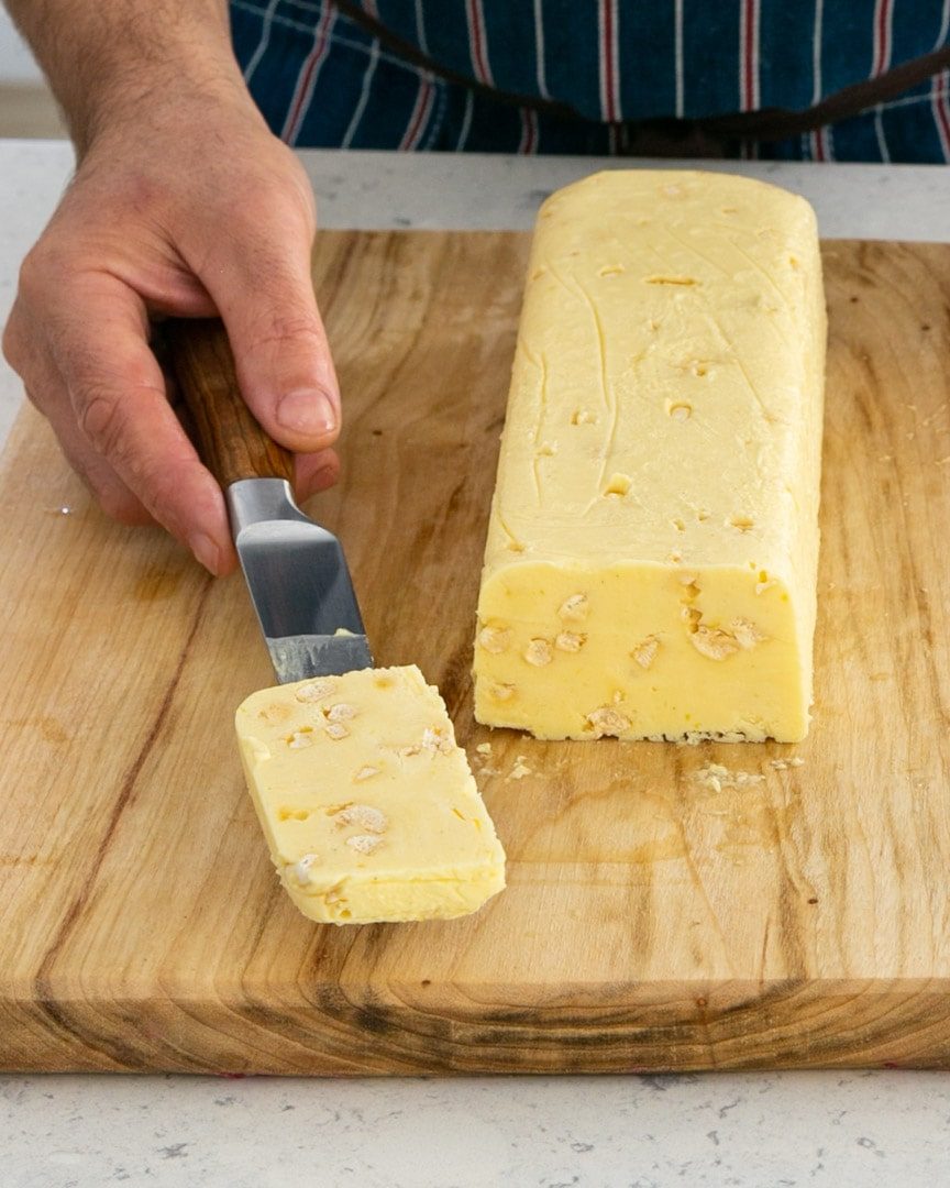 Lemon Curd Semifreddo slice on a knife