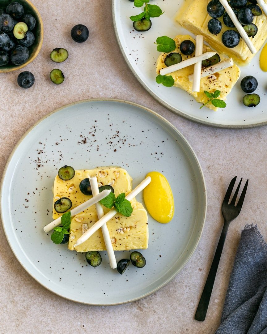 Lemon Curd Semifreddo plated overhead shot