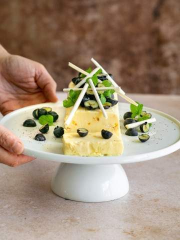 Lemon curd Semifreddo on a cake stand