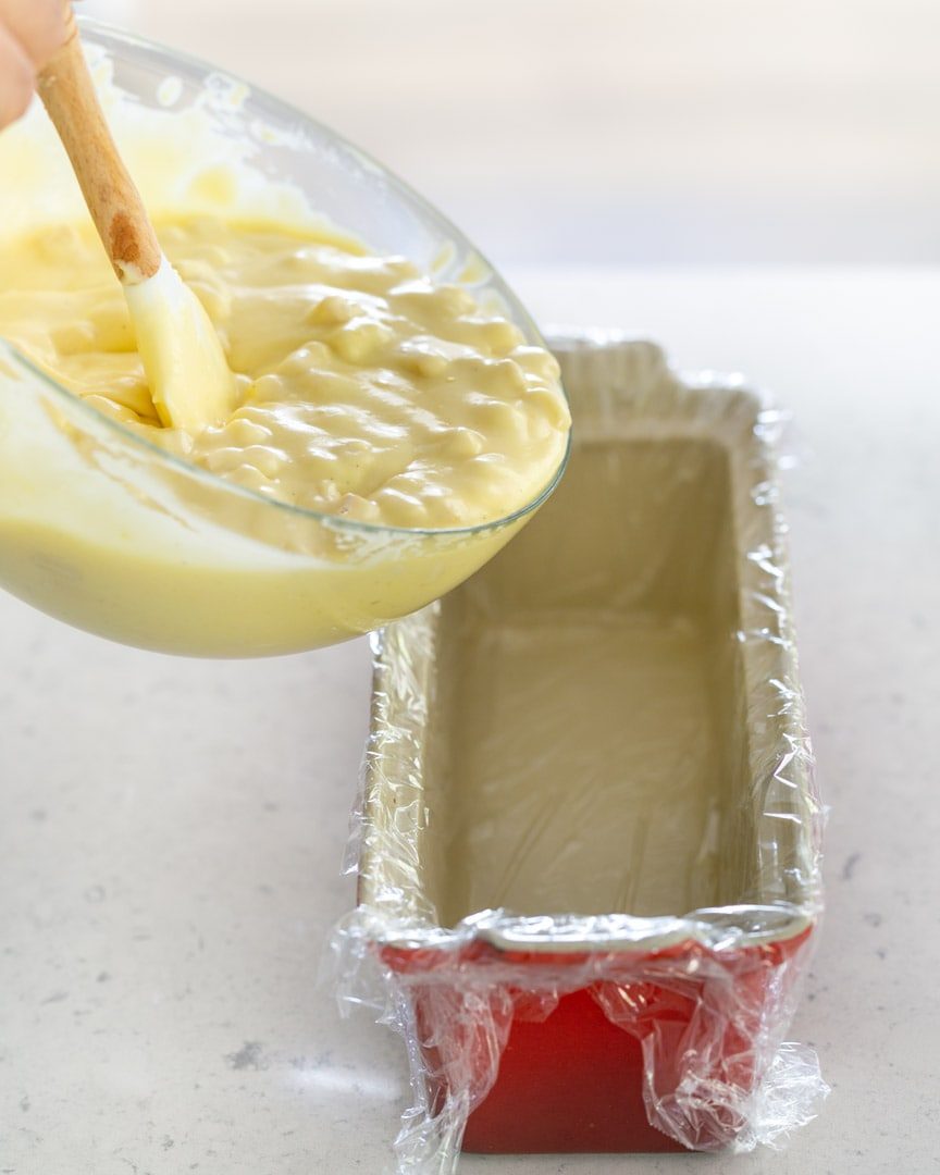 pouring semifreddo into lined terrine